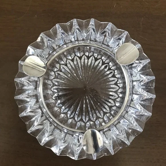 Mid Century Modern Ashtray Heavy Clear Cut Glass Silver Plate Starburst MCM - Picture 4 of 7